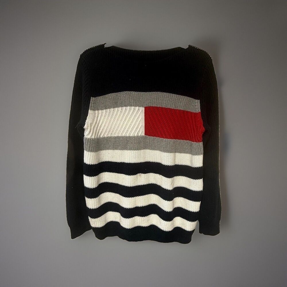 Tommy Hilfiger Sweater M Navy Striped Flag Logo Preppy Nautical Knit Fisherman